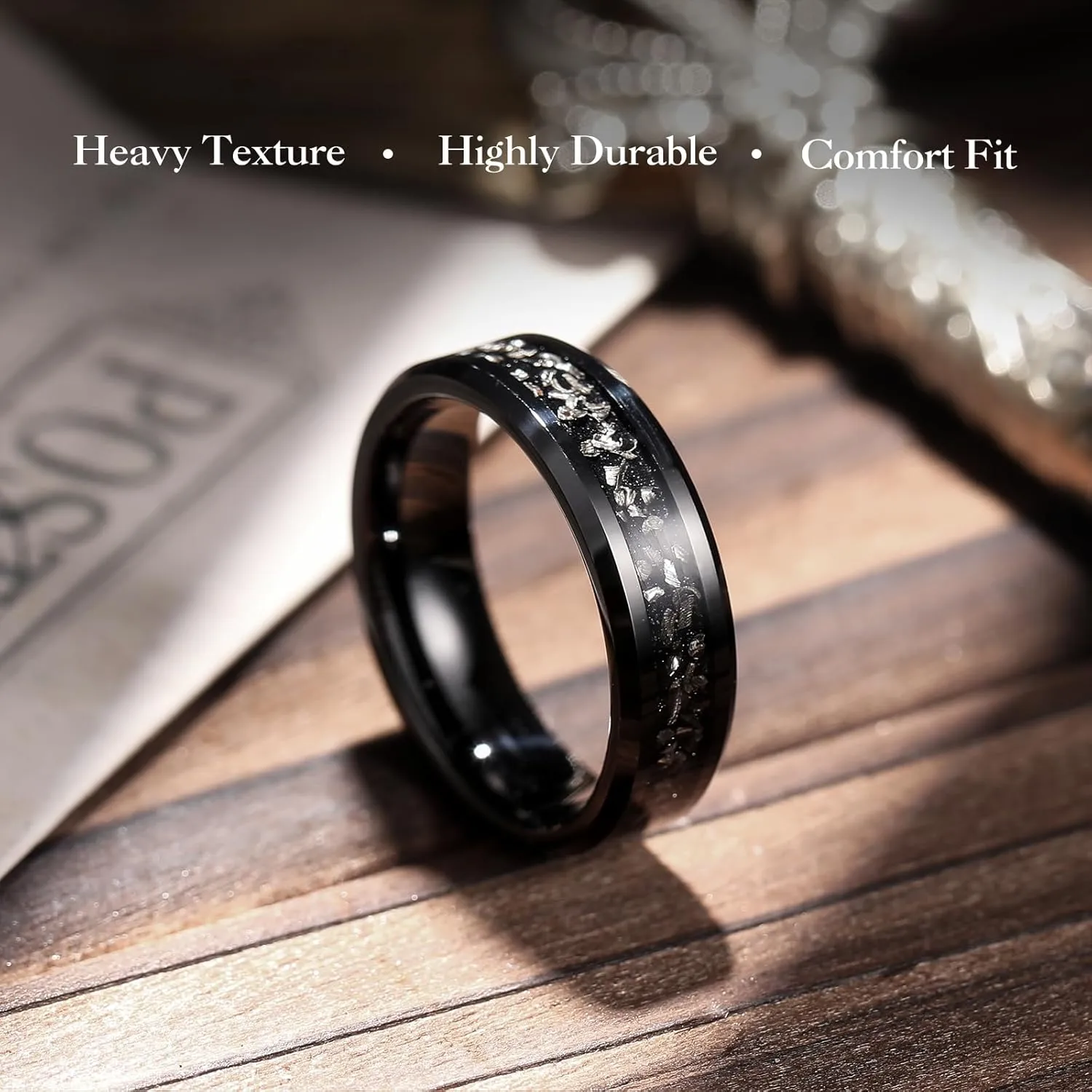 King Will Mens Tungsten Wedding Bands Meteorite Inlay 6mm 8mm High Polished Engagement Ring for Couples Promise Ring for Women Comfort Fit