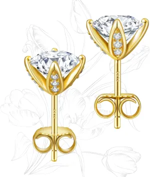 KRKC Moissanite Earrings, Lab Grown Diamond Stud Earrings for Women, 14K Golden Plated Sterling Silver, Bloom Design, 2 Carat D Color VVS1, Hypoallergenic, Gift for Wife, Mom, Her