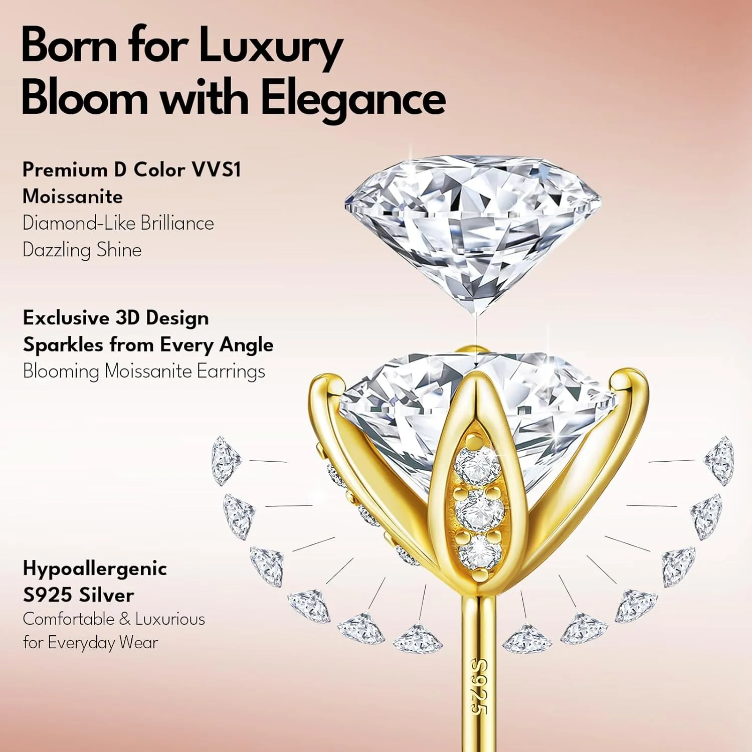 KRKC Moissanite Earrings, Lab Grown Diamond Stud Earrings for Women, 14K Golden Plated Sterling Silver, Bloom Design, 2 Carat D Color VVS1, Hypoallergenic, Gift for Wife, Mom, Her