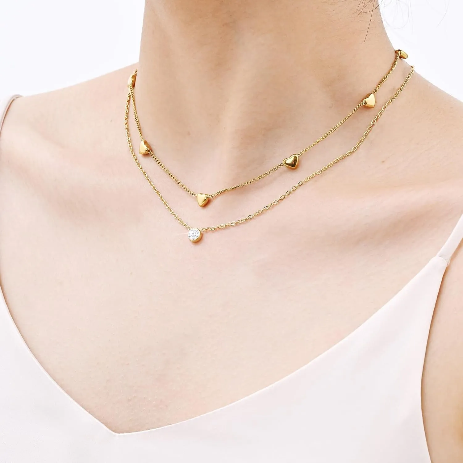 KSF Gold Choker Necklace for Women - Beaded Necklace 18K Gold Plated Dainty Choker Necklaces for Women Trendy Cute Beaded Cubic Zirconia Heart Flower Chain Jewelry Gift Waterproof
