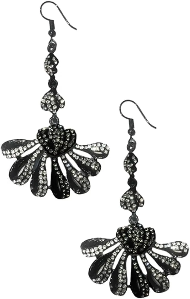 Long Art Deco Vintage Retro Style Jet Onyx Black, Grey and Clear White Rhinestone Ombre Fan Statement Earrings