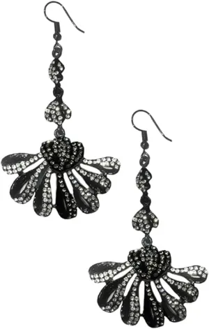 Long Art Deco Vintage Retro Style Jet Onyx Black, Grey and Clear White Rhinestone Ombre Fan Statement Earrings