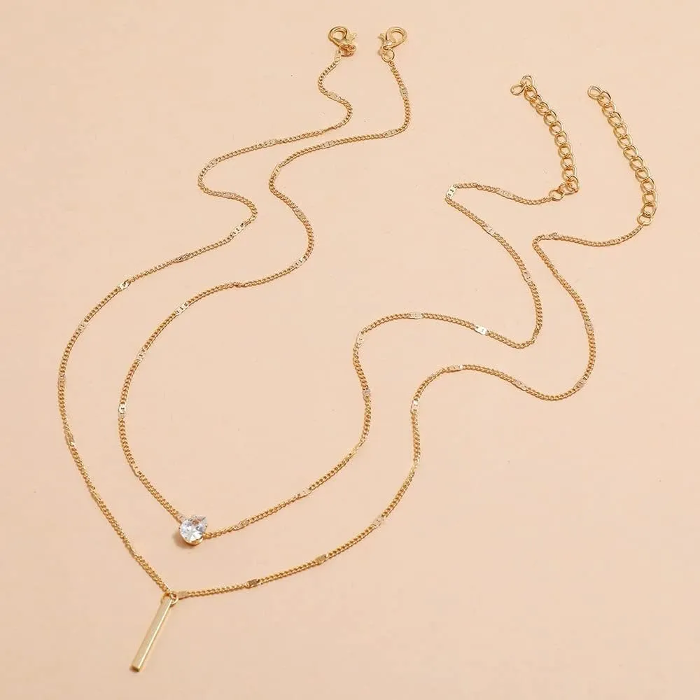 Long Layered Pendant Necklace Trendy Simple Diamond Beaded Chain Drop Necklaces Jewelry for Women Gift
