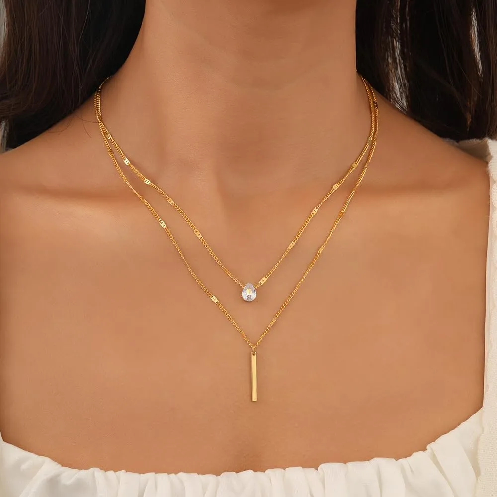 Long Layered Pendant Necklace Trendy Simple Diamond Beaded Chain Drop Necklaces Jewelry for Women Gift