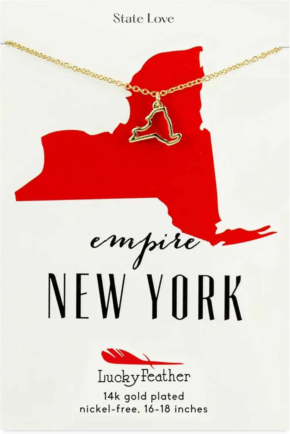 Lucky Feather New York Shaped State Necklace, 14K Gold-Dipped Pendant on Adjustable 16-18 Chain