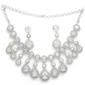 Luxury Bridal Necklace and Earring Set for Women | Pear Cut Cubic Zirconia & Pearl Detailing | Silver-Plated Statement Jewelry for Weddings & Special Occasions