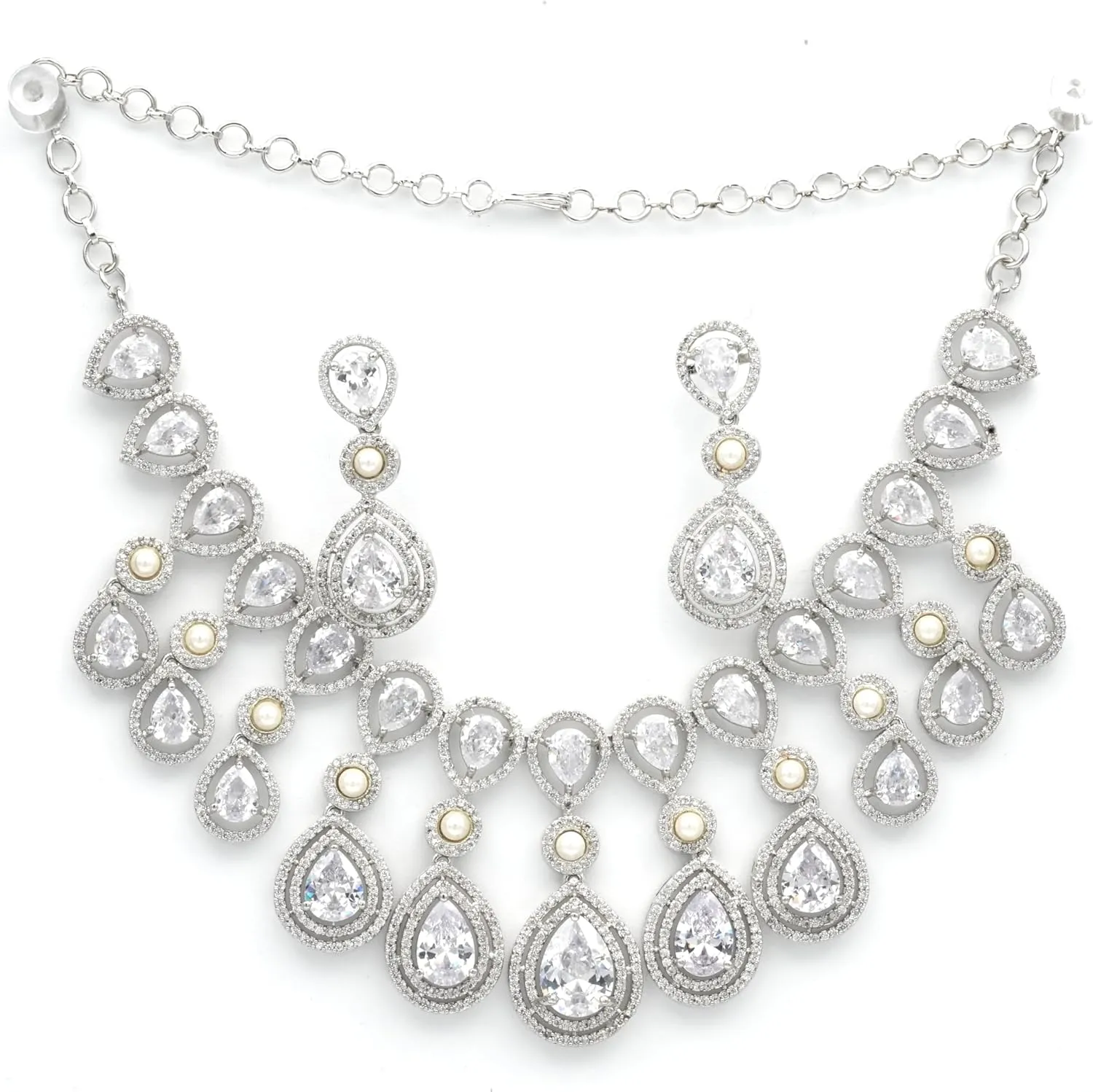 Luxury Bridal Necklace and Earring Set for Women | Pear Cut Cubic Zirconia & Pearl Detailing | Silver-Plated Statement Jewelry for Weddings & Special Occasions