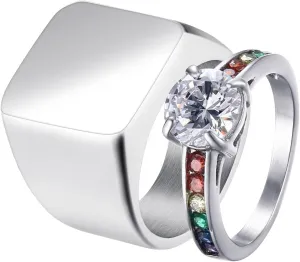 Matching Rings Silver Ring High Polished Colorful Round Cubic Zirconia, Colorful Zircon Round Stainless Steel Couple Rings