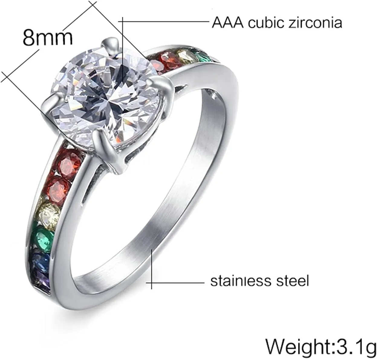 Matching Rings Silver Ring High Polished Colorful Round Cubic Zirconia, Colorful Zircon Round Stainless Steel Couple Rings