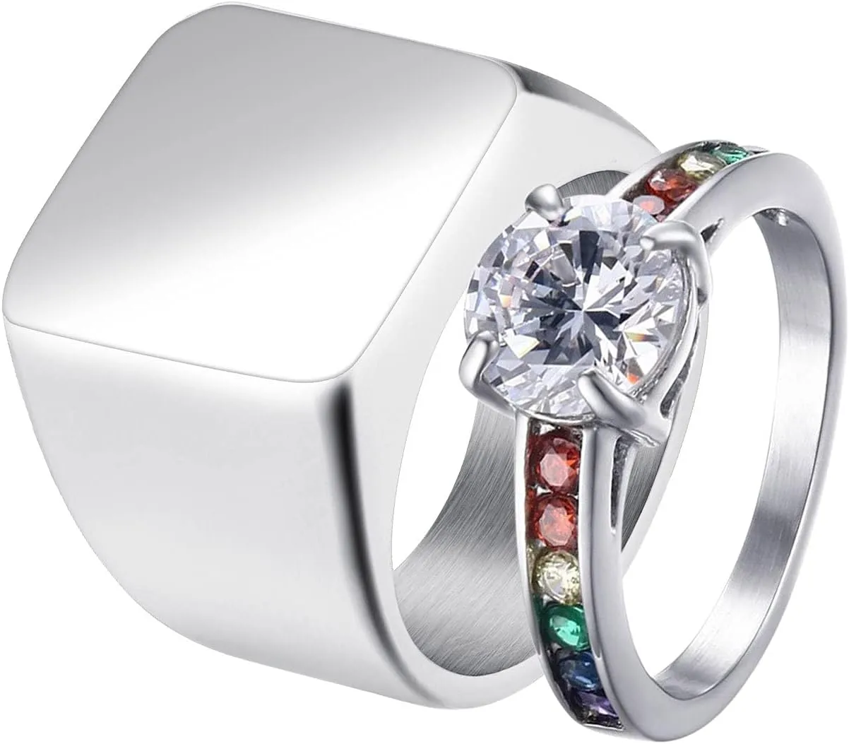 Matching Rings Silver Ring High Polished Colorful Round Cubic Zirconia, Colorful Zircon Round Stainless Steel Couple Rings