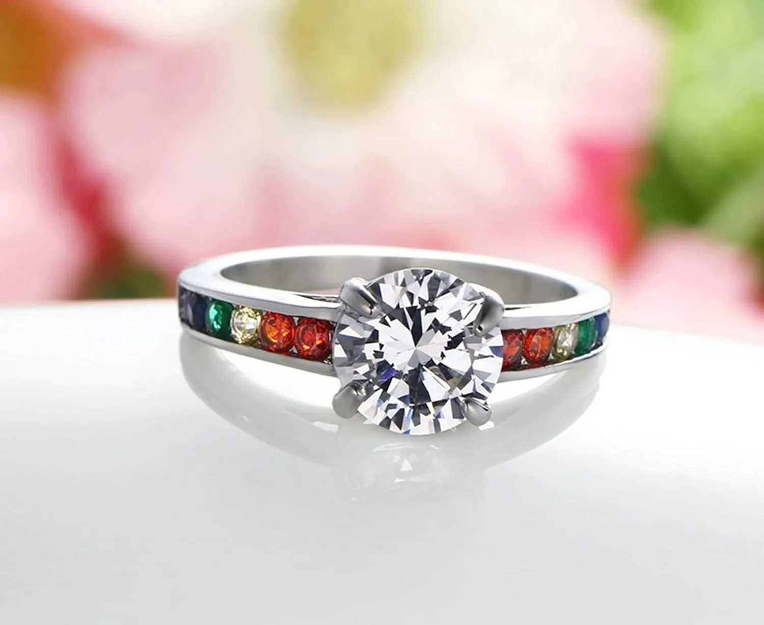 Matching Rings Silver Ring High Polished Colorful Round Cubic Zirconia, Colorful Zircon Round Stainless Steel Couple Rings