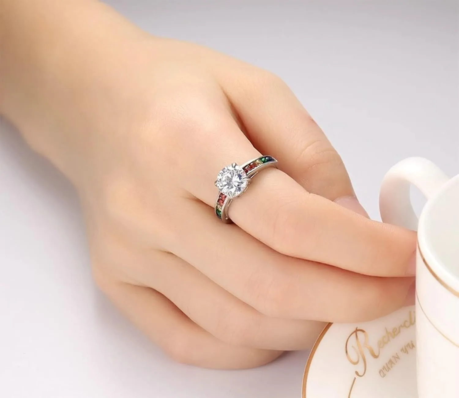 Matching Rings Silver Ring High Polished Colorful Round Cubic Zirconia, Colorful Zircon Round Stainless Steel Couple Rings