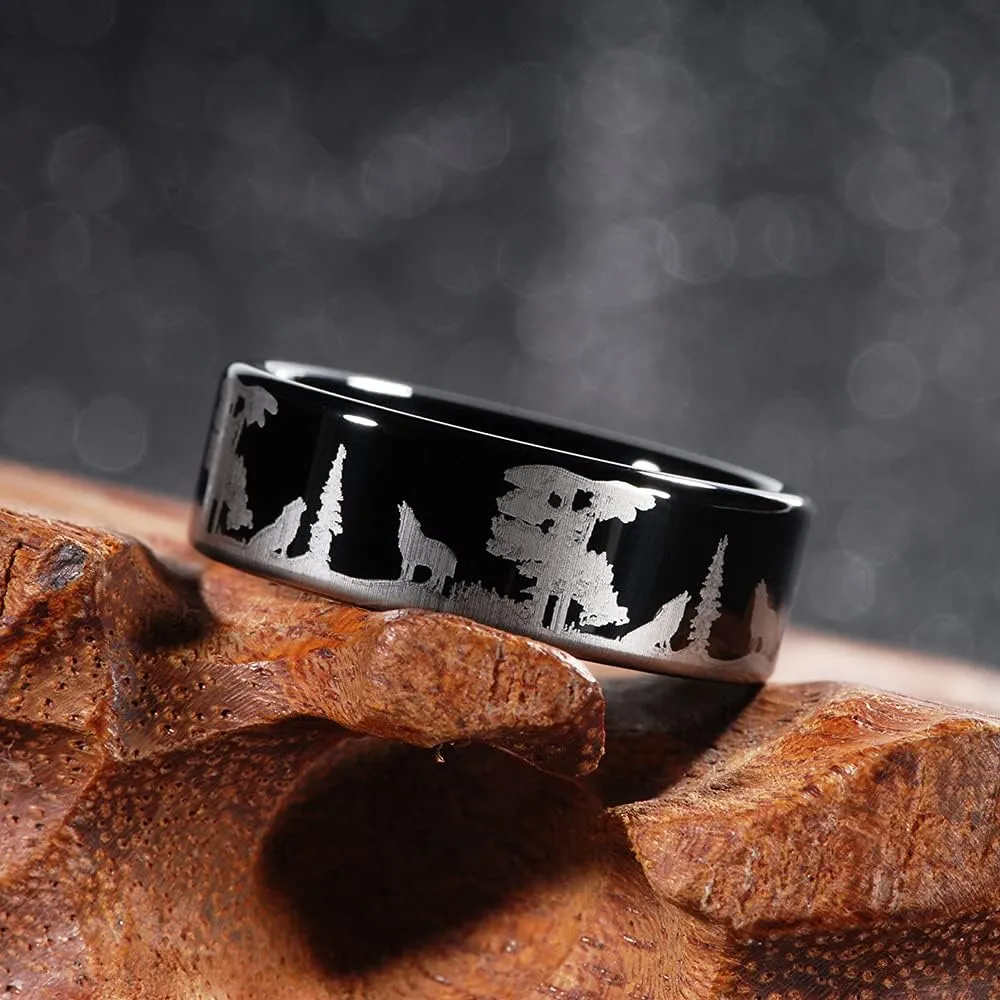 Men's 8mm Black Tungsten Ring with Engraved Wolves in Forest