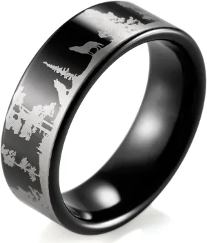 Men's 8mm Black Tungsten Ring with Engraved Wolves in Forest