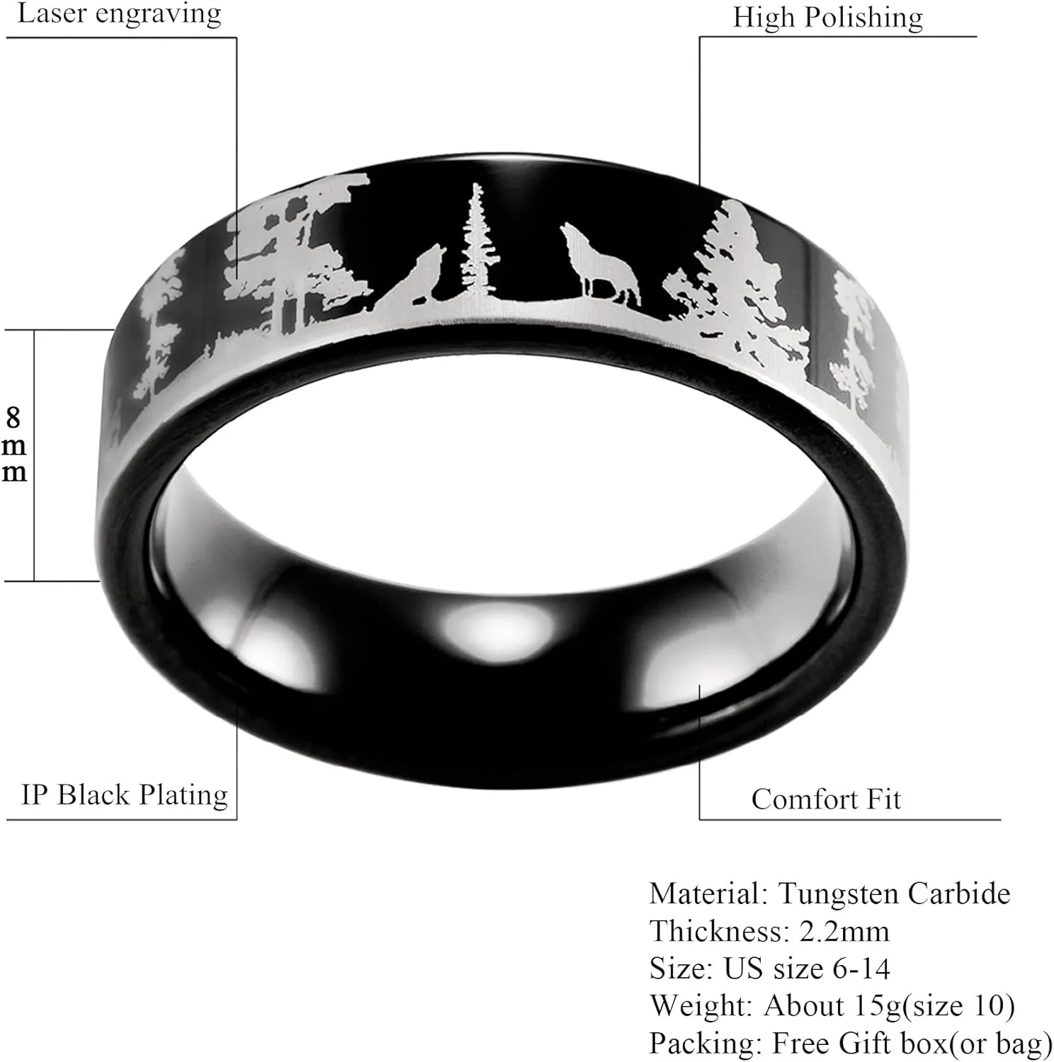 Men's 8mm Black Tungsten Ring with Engraved Wolves in Forest