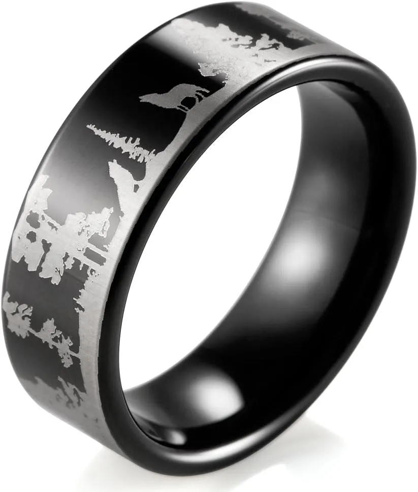 Men's 8mm Black Tungsten Ring with Engraved Wolves in Forest