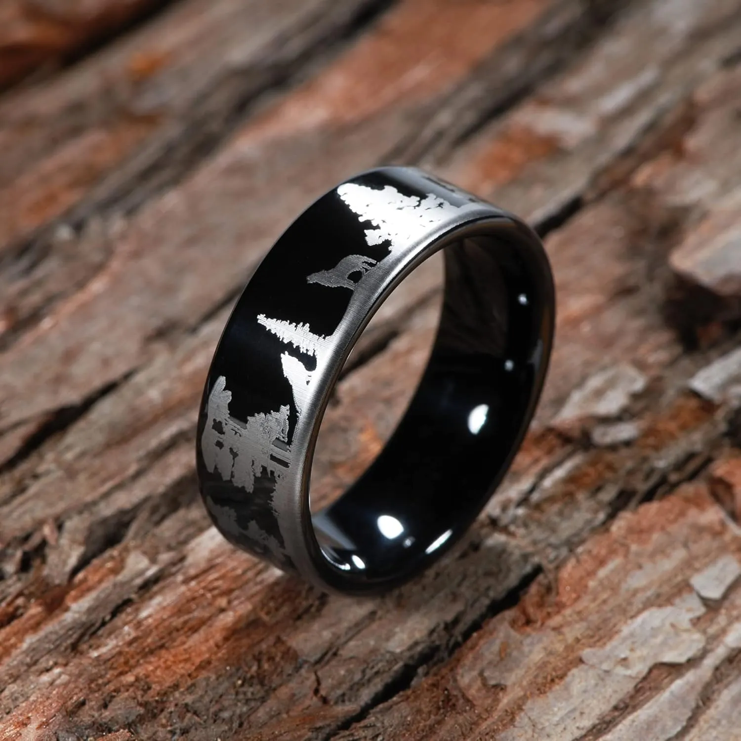 Men's 8mm Black Tungsten Ring with Engraved Wolves in Forest