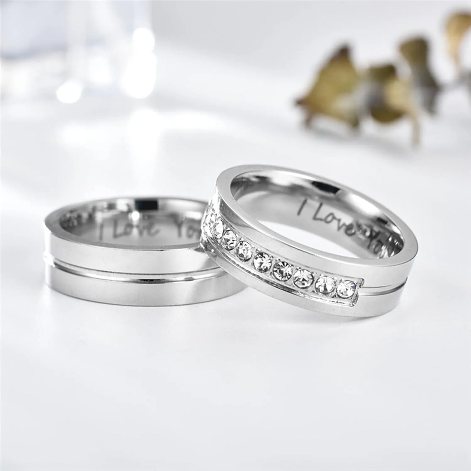 Mens and Womens Matching Rings, Stainless Steel Cubic Zirconia Gold Polished Engarved Engagement Wedding Rings