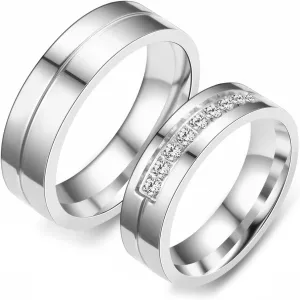 Mens and Womens Matching Rings, Stainless Steel Cubic Zirconia Gold Polished Engarved Engagement Wedding Rings