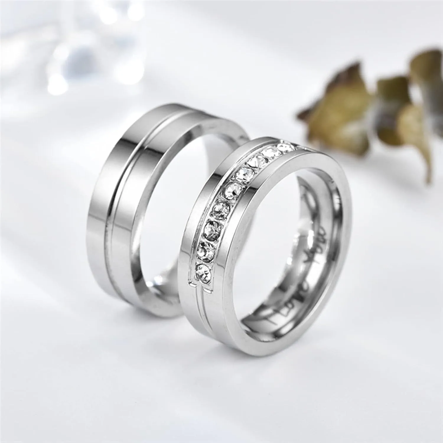Mens and Womens Matching Rings, Stainless Steel Cubic Zirconia Gold Polished Engarved Engagement Wedding Rings