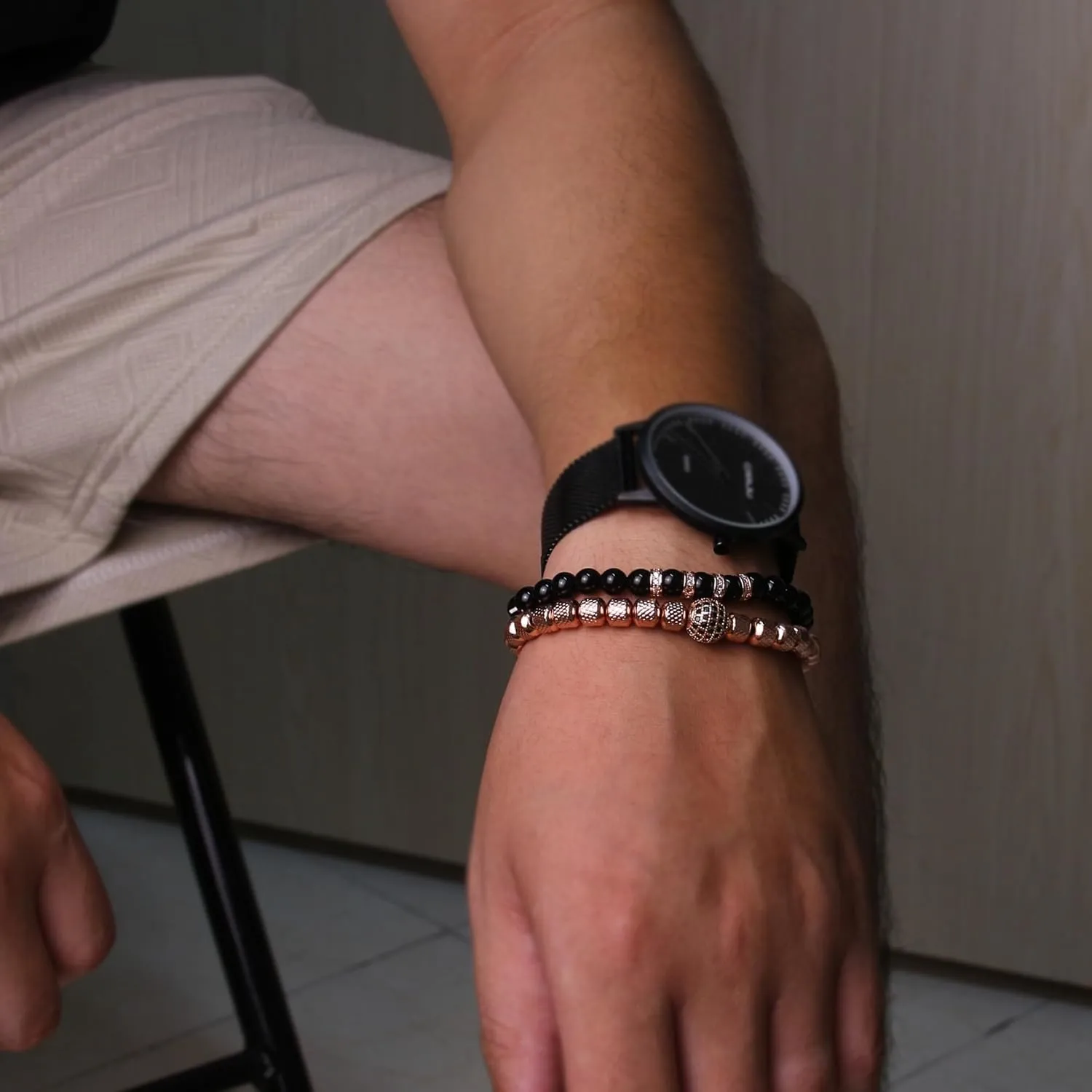 Mens Beaded Bracelets - 6mm Obsidian Bracelet Set for Couples - Adjustable Stainless Steel Bracelets with Cubic Zirconia Beads - Mens Jewelry for Him