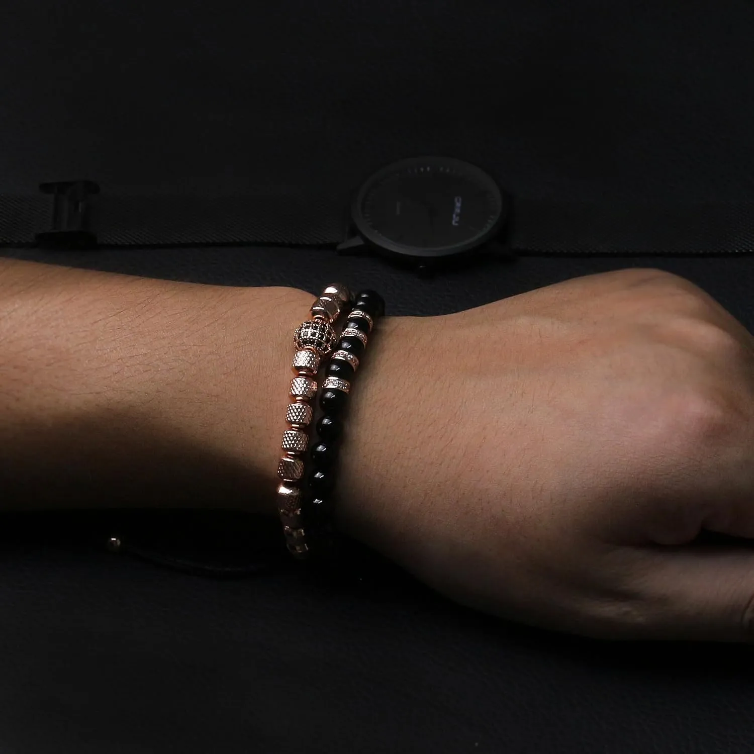 Mens Beaded Bracelets - 6mm Obsidian Bracelet Set for Couples - Adjustable Stainless Steel Bracelets with Cubic Zirconia Beads - Mens Jewelry for Him