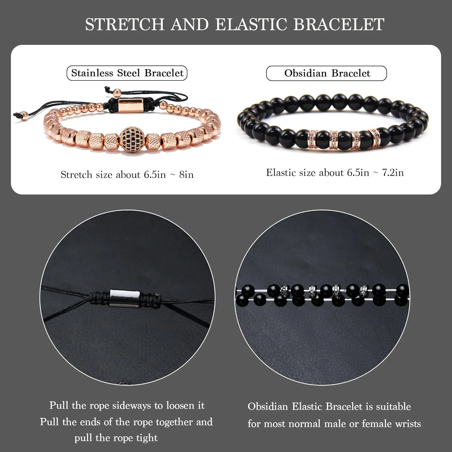 Mens Beaded Bracelets - 6mm Obsidian Bracelet Set for Couples - Adjustable Stainless Steel Bracelets with Cubic Zirconia Beads - Mens Jewelry for Him