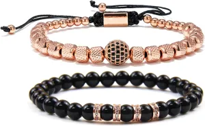Mens Beaded Bracelets - 6mm Obsidian Bracelet Set for Couples - Adjustable Stainless Steel Bracelets with Cubic Zirconia Beads - Mens Jewelry for Him
