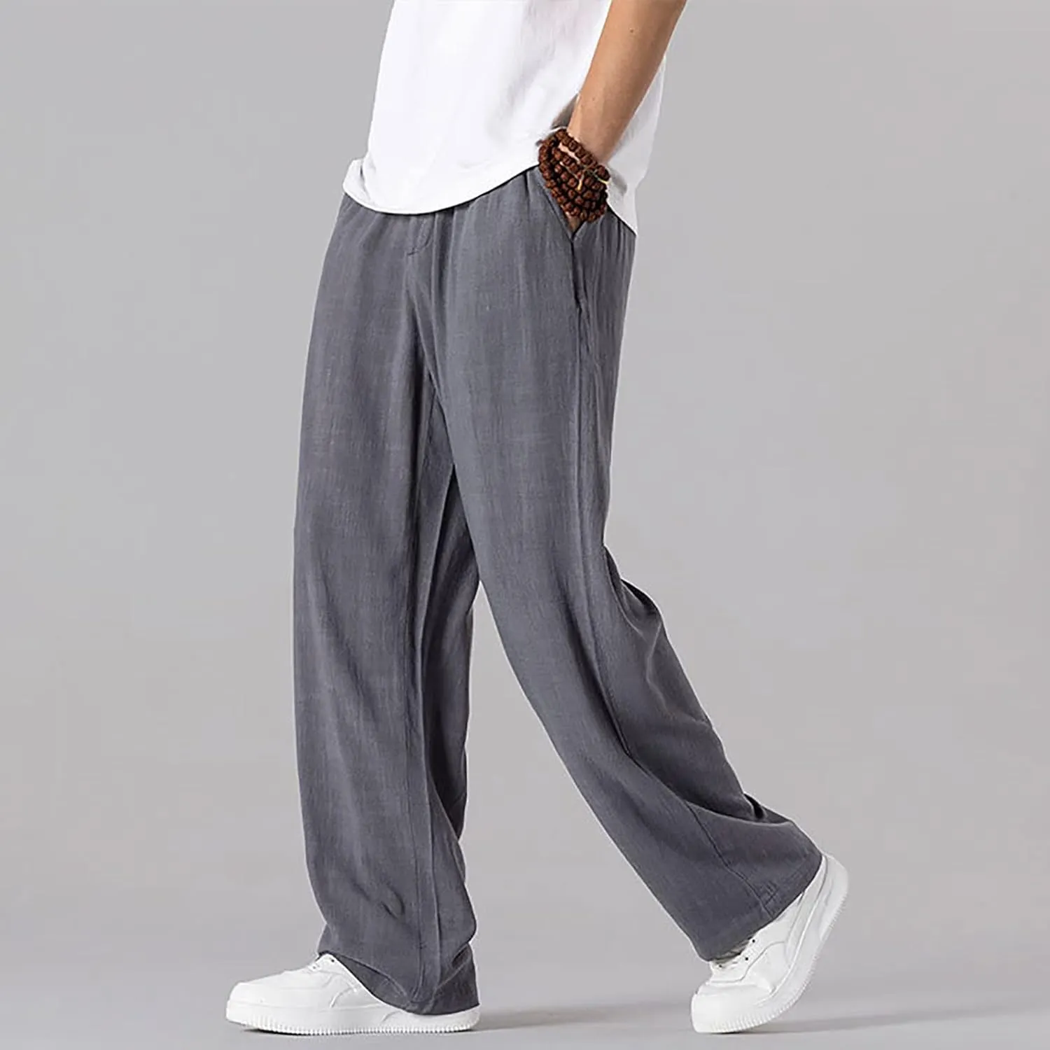 Mens Casual Cotton Linen Wide Leg Loose Lightweight Elastic Waist Pant Jogging Harem Pants Palazzo Trousers