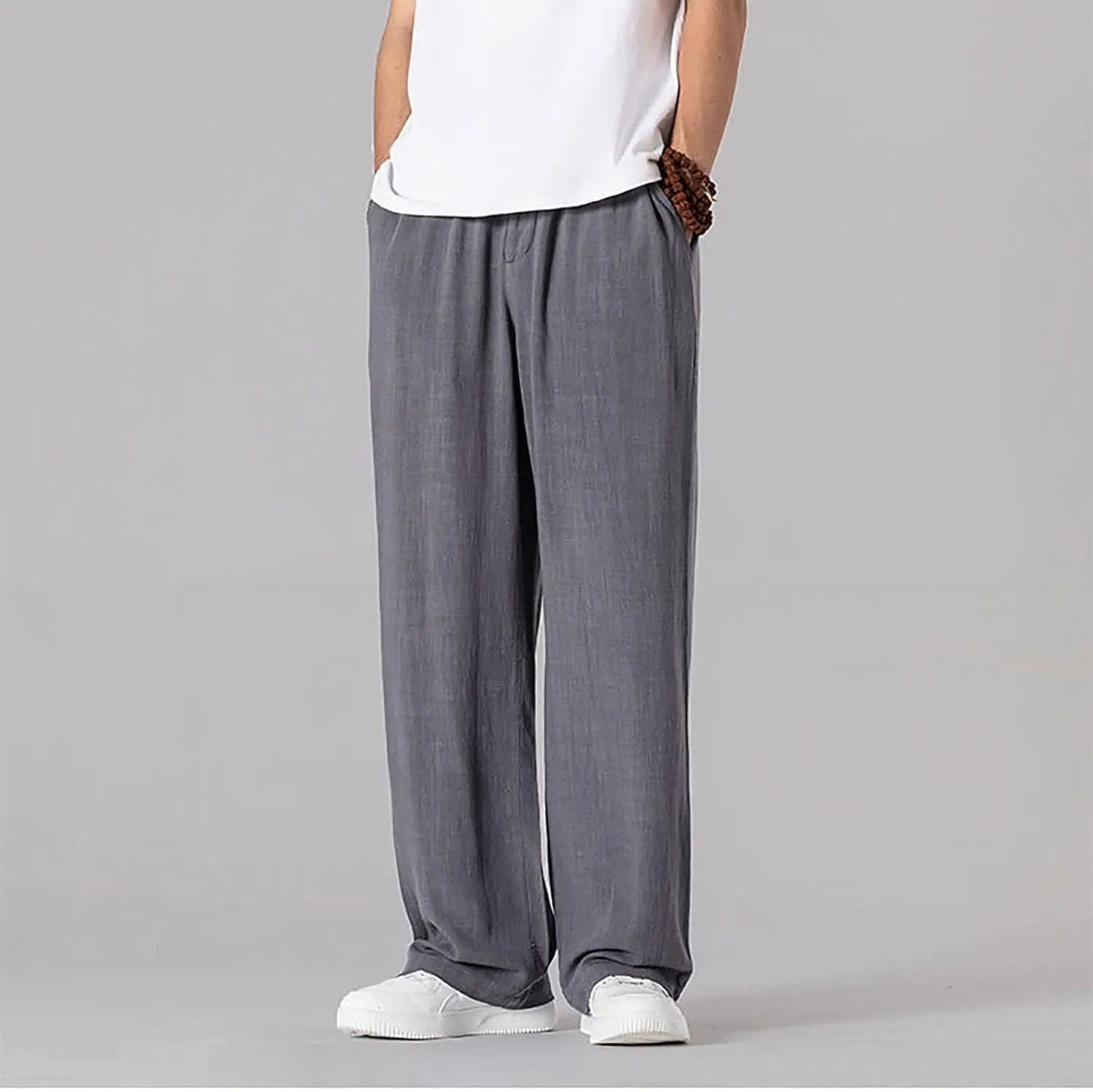 Mens Casual Cotton Linen Wide Leg Loose Lightweight Elastic Waist Pant Jogging Harem Pants Palazzo Trousers