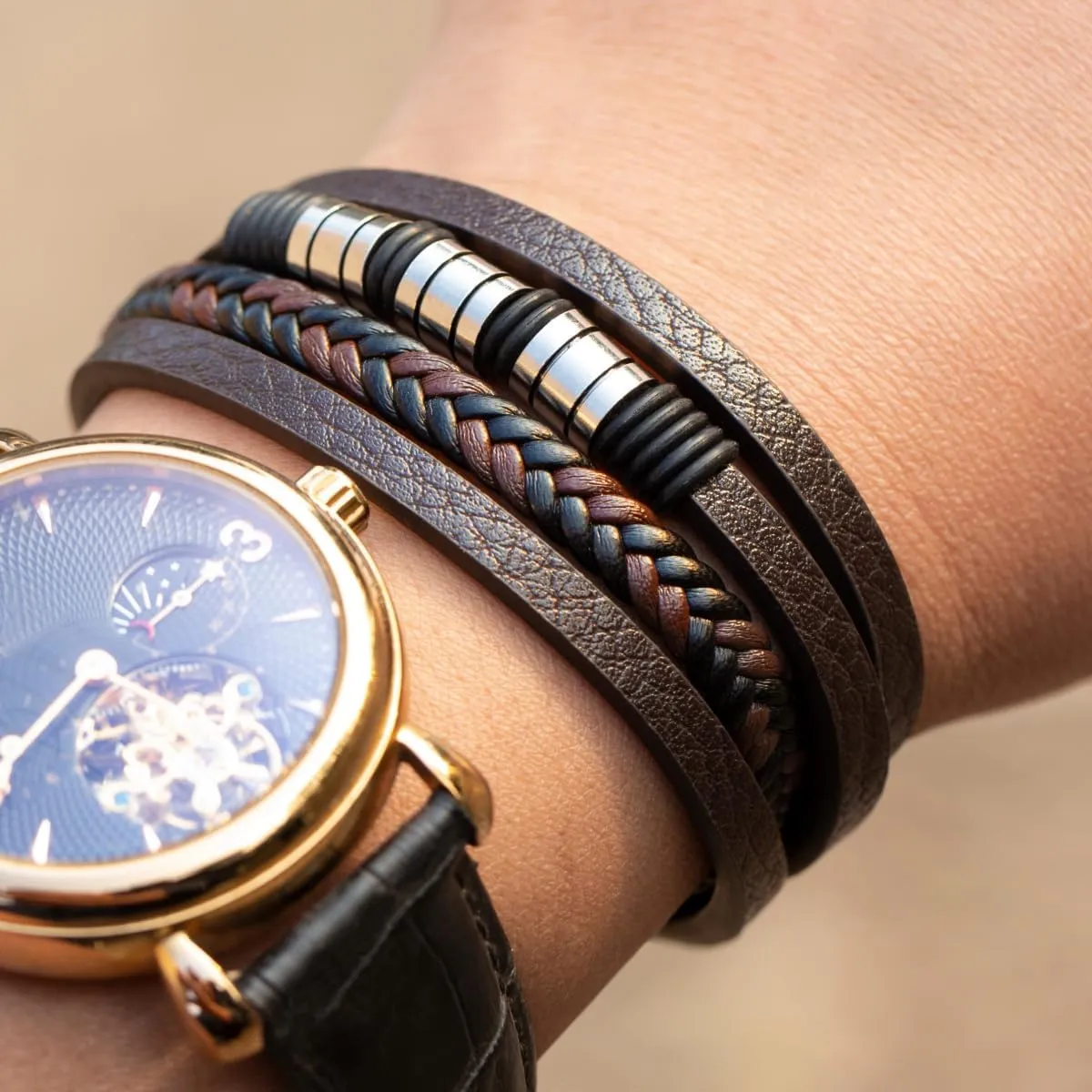 Mens leather Bracelet Multi-Layer Braided Leather Stainless Steel Bangle Men Gift Jewelry Hand Accessories Brown Black Blue