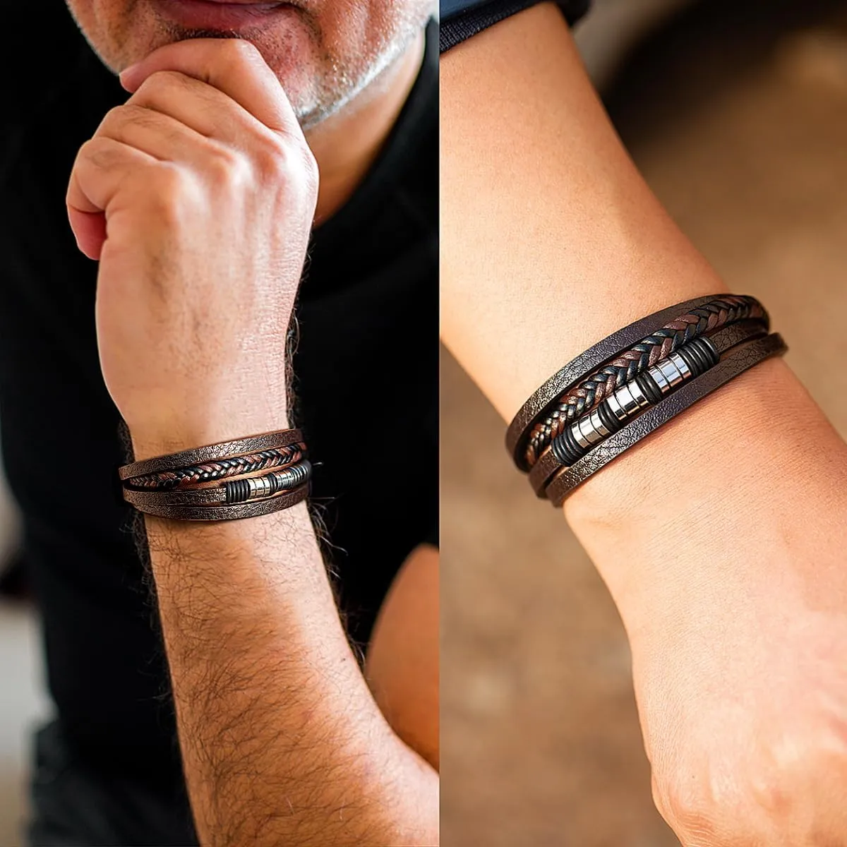 Mens leather Bracelet Multi-Layer Braided Leather Stainless Steel Bangle Men Gift Jewelry Hand Accessories Brown Black Blue