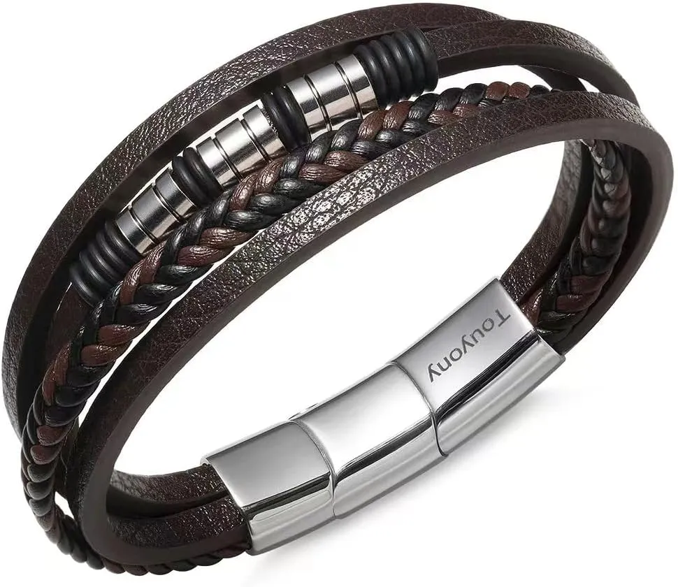 Mens leather Bracelet Multi-Layer Braided Leather Stainless Steel Bangle Men Gift Jewelry Hand Accessories Brown Black Blue