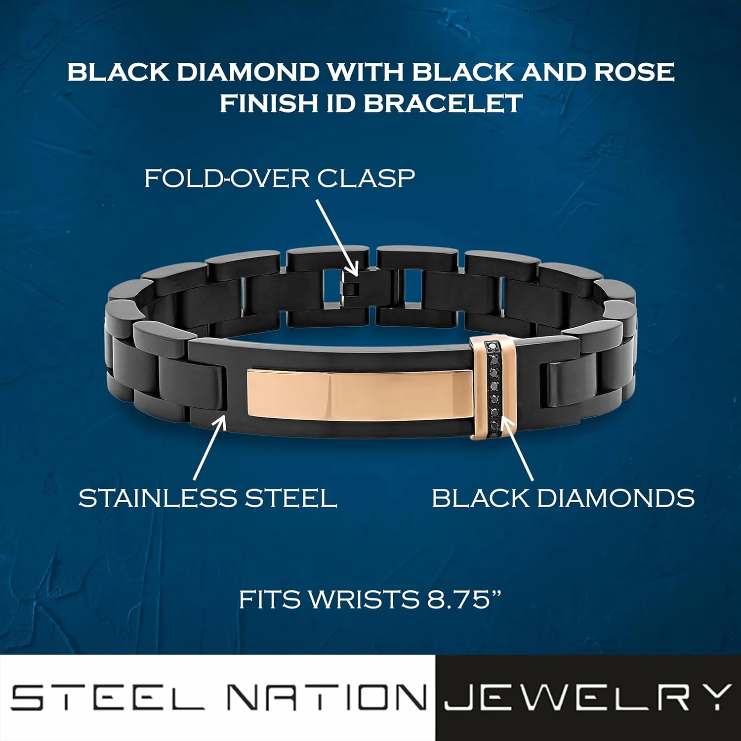 Men's Premium Stainless Steel -Accented ID Bracelets Collection - Hypoallergenic, Fold Over Clasp, Various Lengths