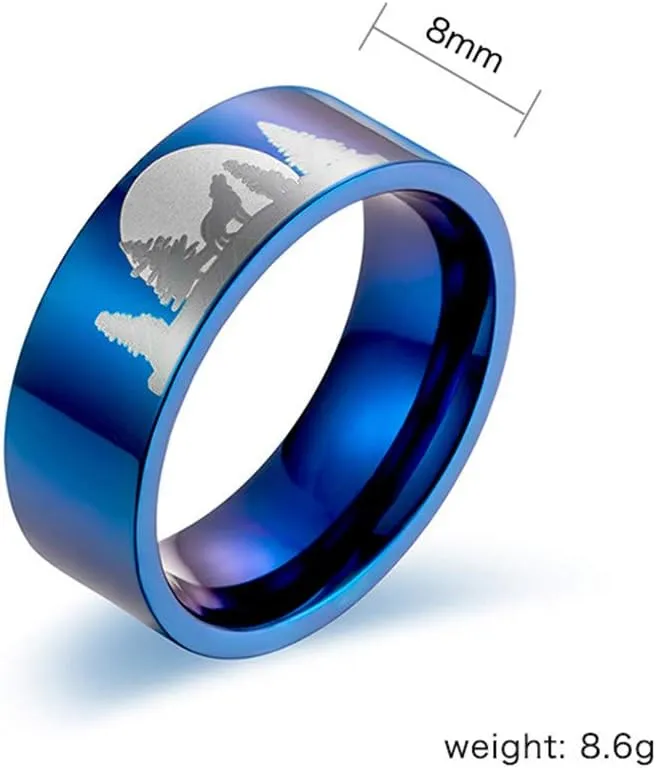 Men's Stainless Steel 8MM Forest Howling Lone Wolf in The Moonlight Cool Rings High Polished