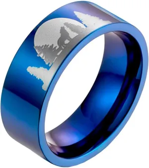 Men's Stainless Steel 8MM Forest Howling Lone Wolf in The Moonlight Cool Rings High Polished