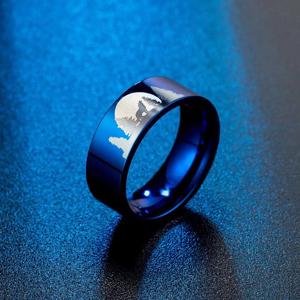 Men's Stainless Steel 8MM Forest Howling Lone Wolf in The Moonlight Cool Rings High Polished
