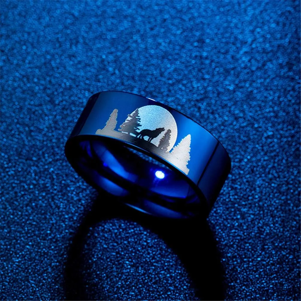 Men's Stainless Steel 8MM Forest Howling Lone Wolf in The Moonlight Cool Rings High Polished