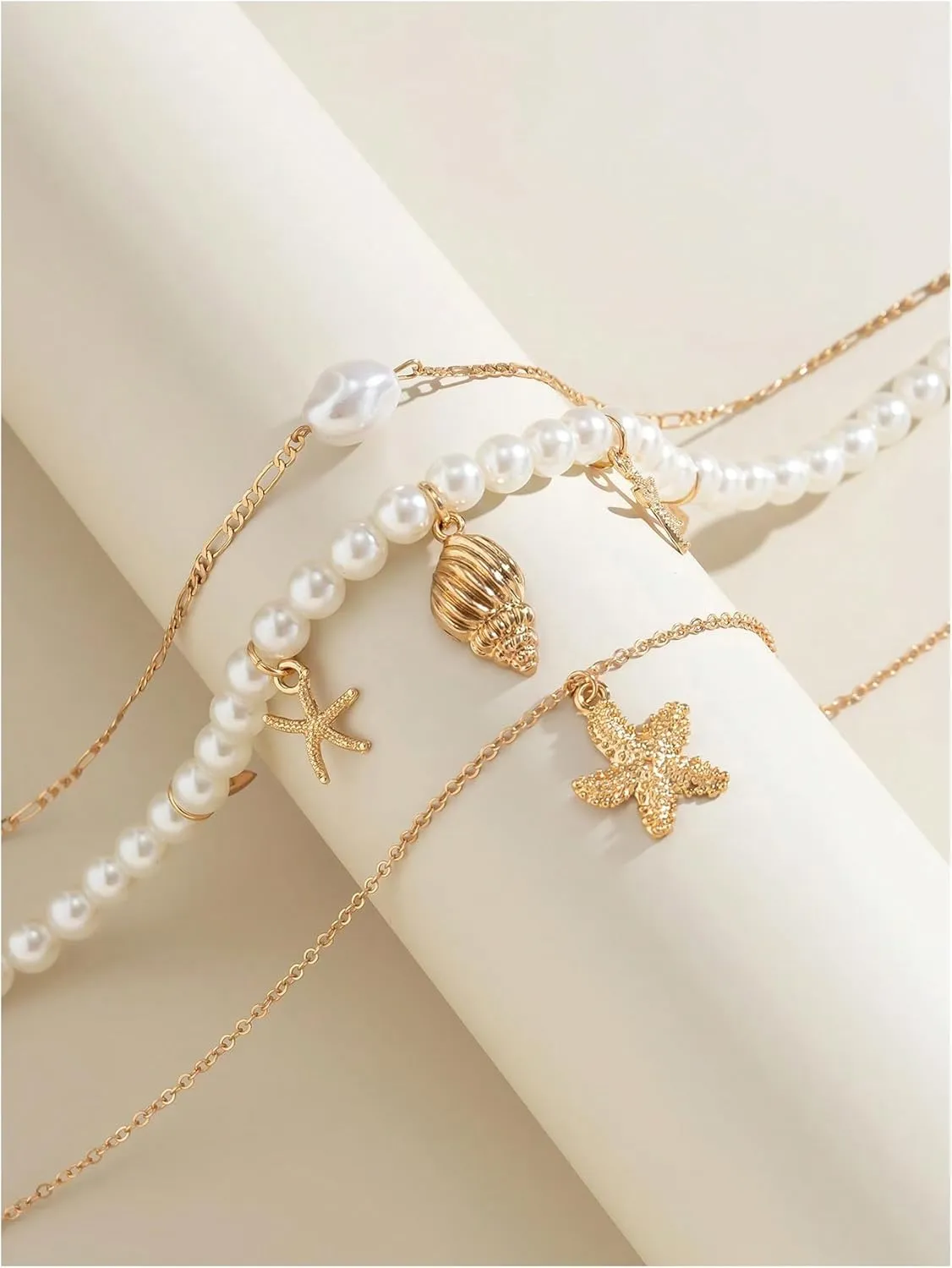 Milumia Women's 3 Pcs Set Layered Pearl Necklace Boho Starfish Shell Decor Jewelry