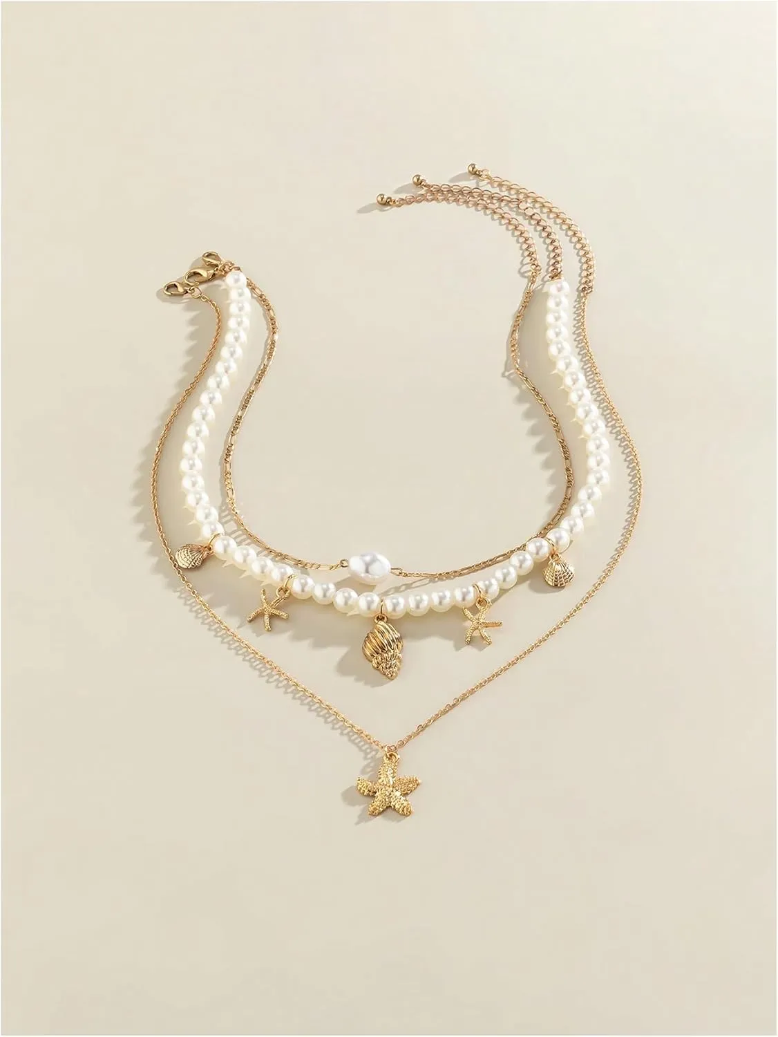 Milumia Women's 3 Pcs Set Layered Pearl Necklace Boho Starfish Shell Decor Jewelry