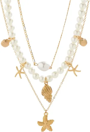Milumia Women's 3 Pcs Set Layered Pearl Necklace Boho Starfish Shell Decor Jewelry