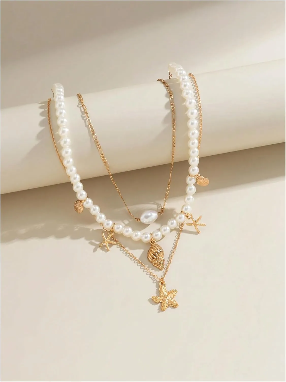 Milumia Women's 3 Pcs Set Layered Pearl Necklace Boho Starfish Shell Decor Jewelry