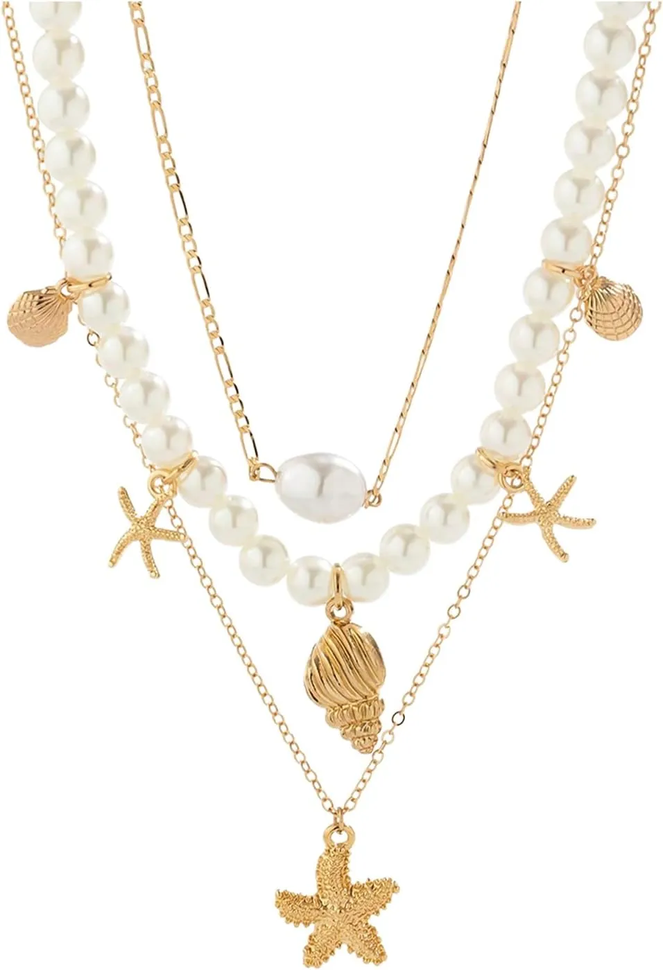 Milumia Women's 3 Pcs Set Layered Pearl Necklace Boho Starfish Shell Decor Jewelry