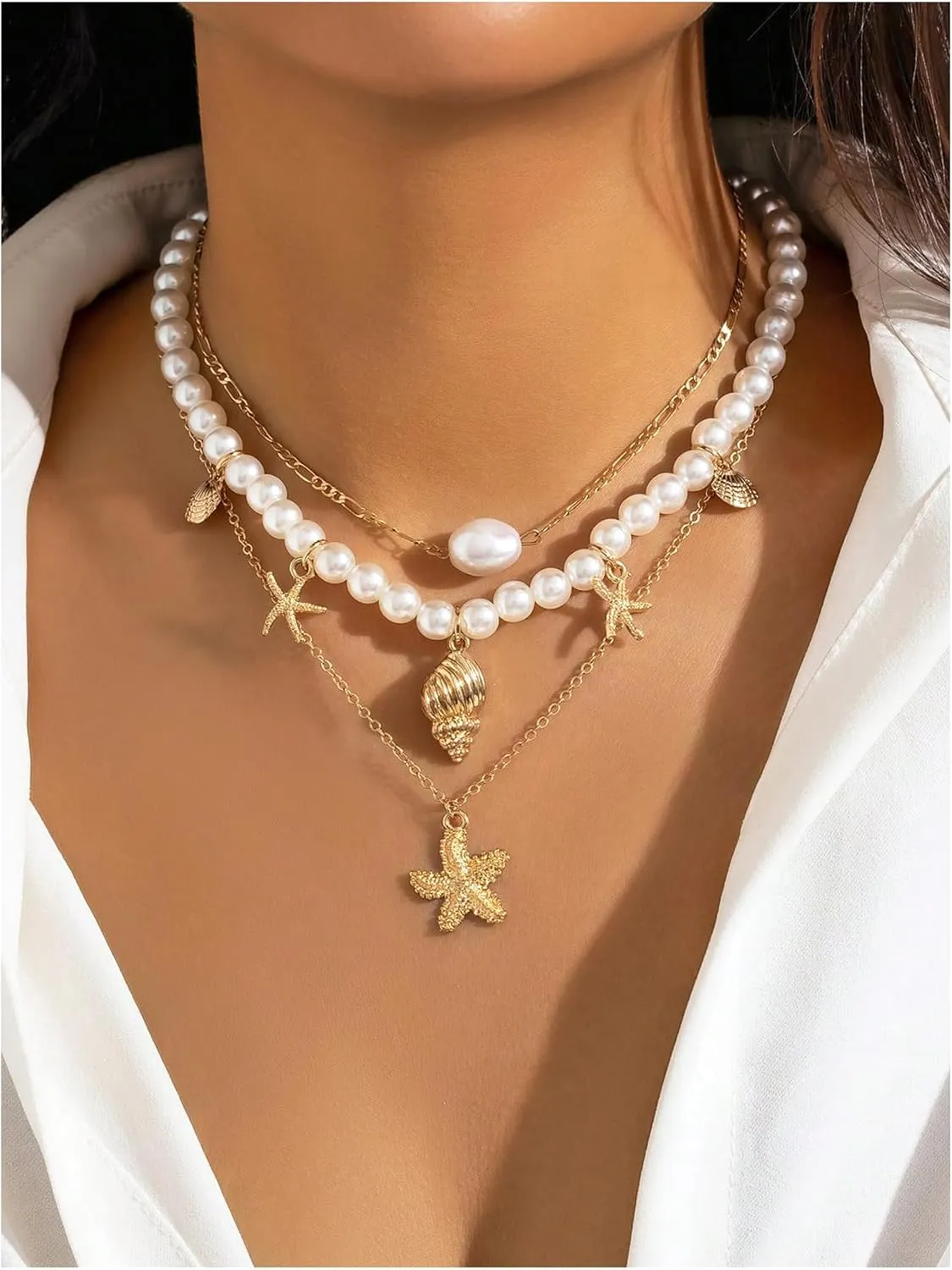 Milumia Women's 3 Pcs Set Layered Pearl Necklace Boho Starfish Shell Decor Jewelry