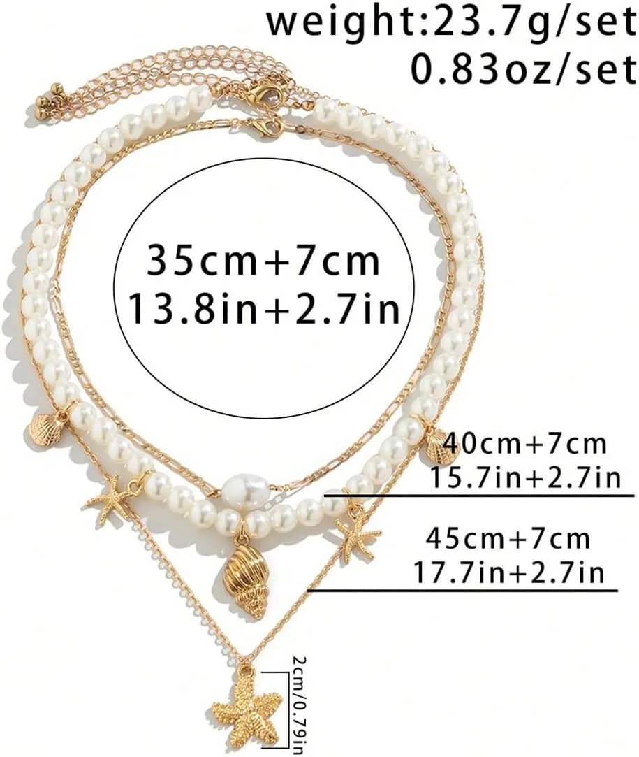 Milumia Women's 3 Pcs Set Layered Pearl Necklace Boho Starfish Shell Decor Jewelry