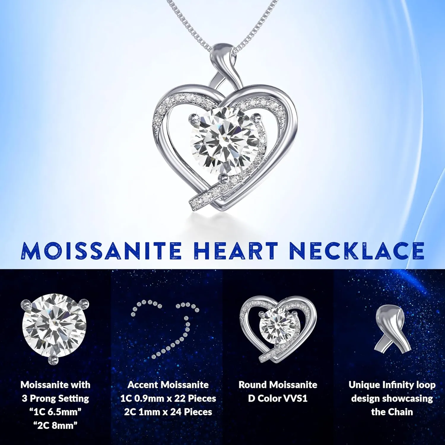 Moissanite Necklace for Women, 1-2 Carat 925 Sterling Silver Jewelry, Pendant, Gift for Wife, Girlfriend, Anniversary, Wedding, Birthday, Gifts for Women