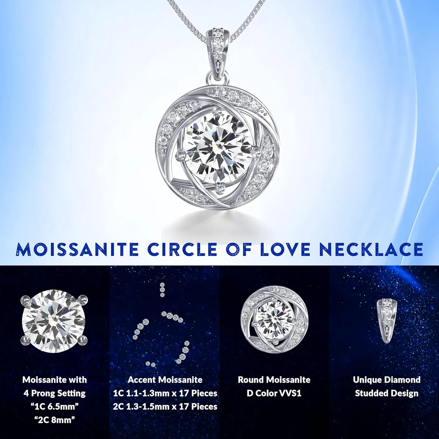 Moissanite Necklace for Women, 1-2 Carat 925 Sterling Silver Jewelry, Pendant, Gift for Wife, Girlfriend, Anniversary, Wedding, Birthday, Gifts for Women