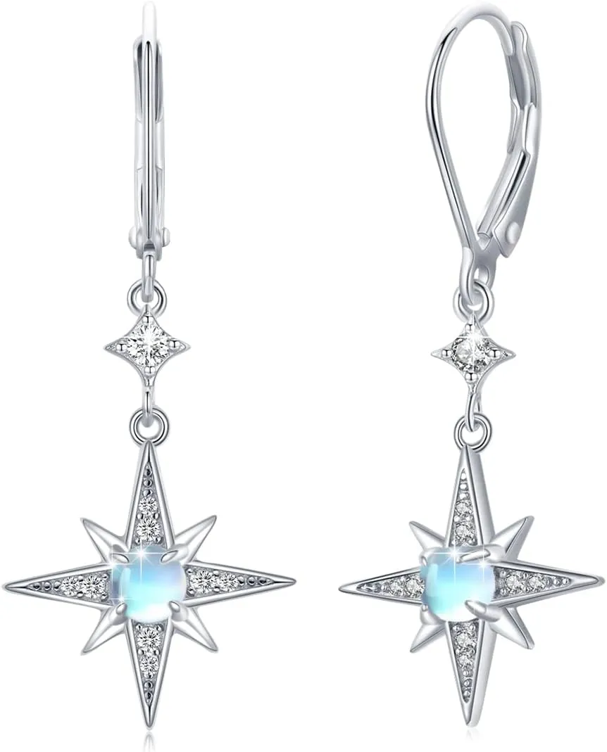 Moonstone Earrings for Women Girls 925 Sterling Silver Star Celtic Knot Snake Square Violin Moonstone Drop Dangle Earrings Leverback Earrings Hypoallergenic Dainty Jewelry Gift