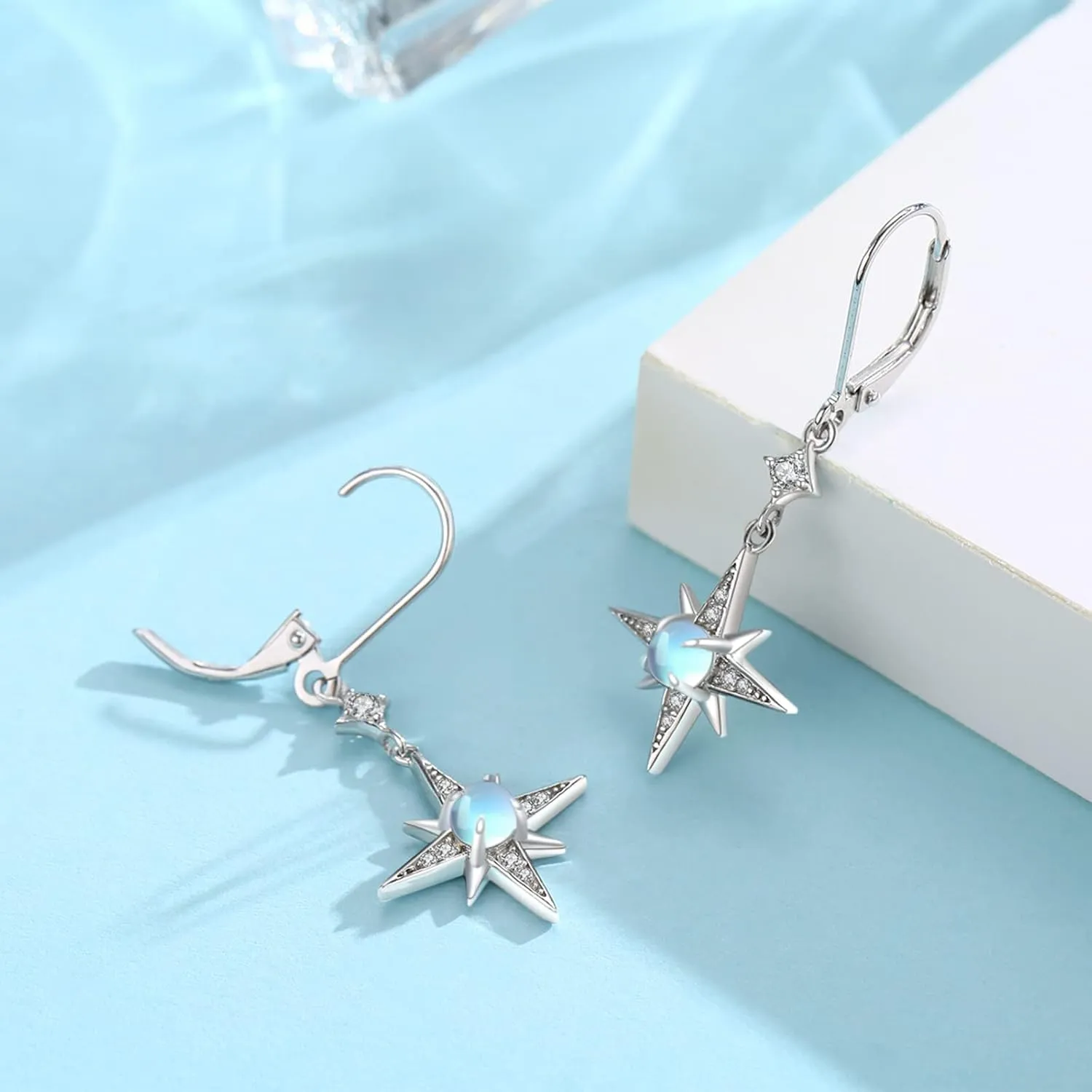 Moonstone Earrings for Women Girls 925 Sterling Silver Star Celtic Knot Snake Square Violin Moonstone Drop Dangle Earrings Leverback Earrings Hypoallergenic Dainty Jewelry Gift