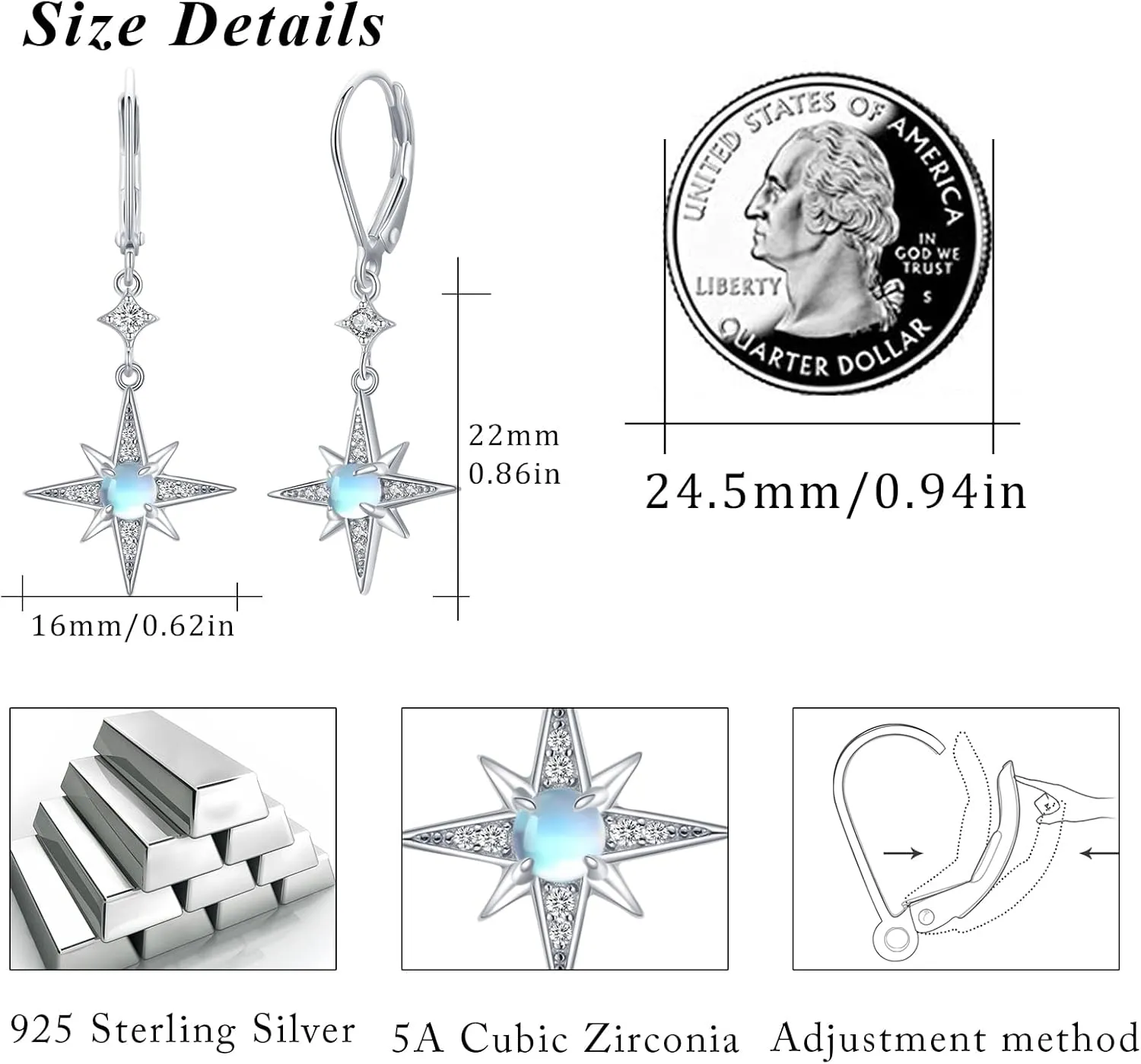 Moonstone Earrings for Women Girls 925 Sterling Silver Star Celtic Knot Snake Square Violin Moonstone Drop Dangle Earrings Leverback Earrings Hypoallergenic Dainty Jewelry Gift